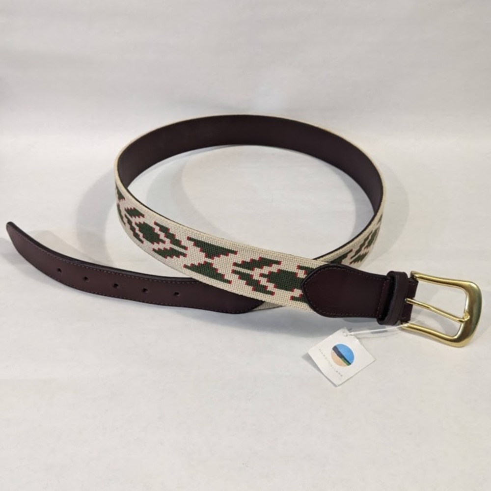 Harding Lane  Geometric Needlepoint Belt Sz 38 Leather Brass Buckle Handmade NWT